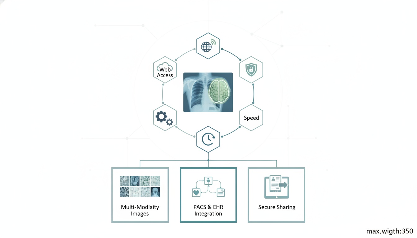 Diagram illustrating medical imaging workflow integration, secure sharing, and multi-modality support.